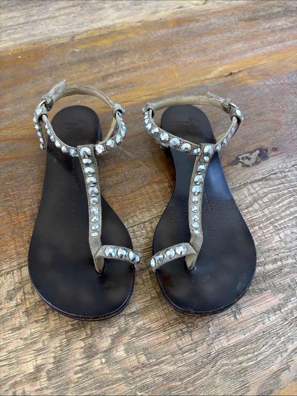 Giuseppe Zanotti Taupe Suede Swarovski Crystal T-Strap Sandals EU 37